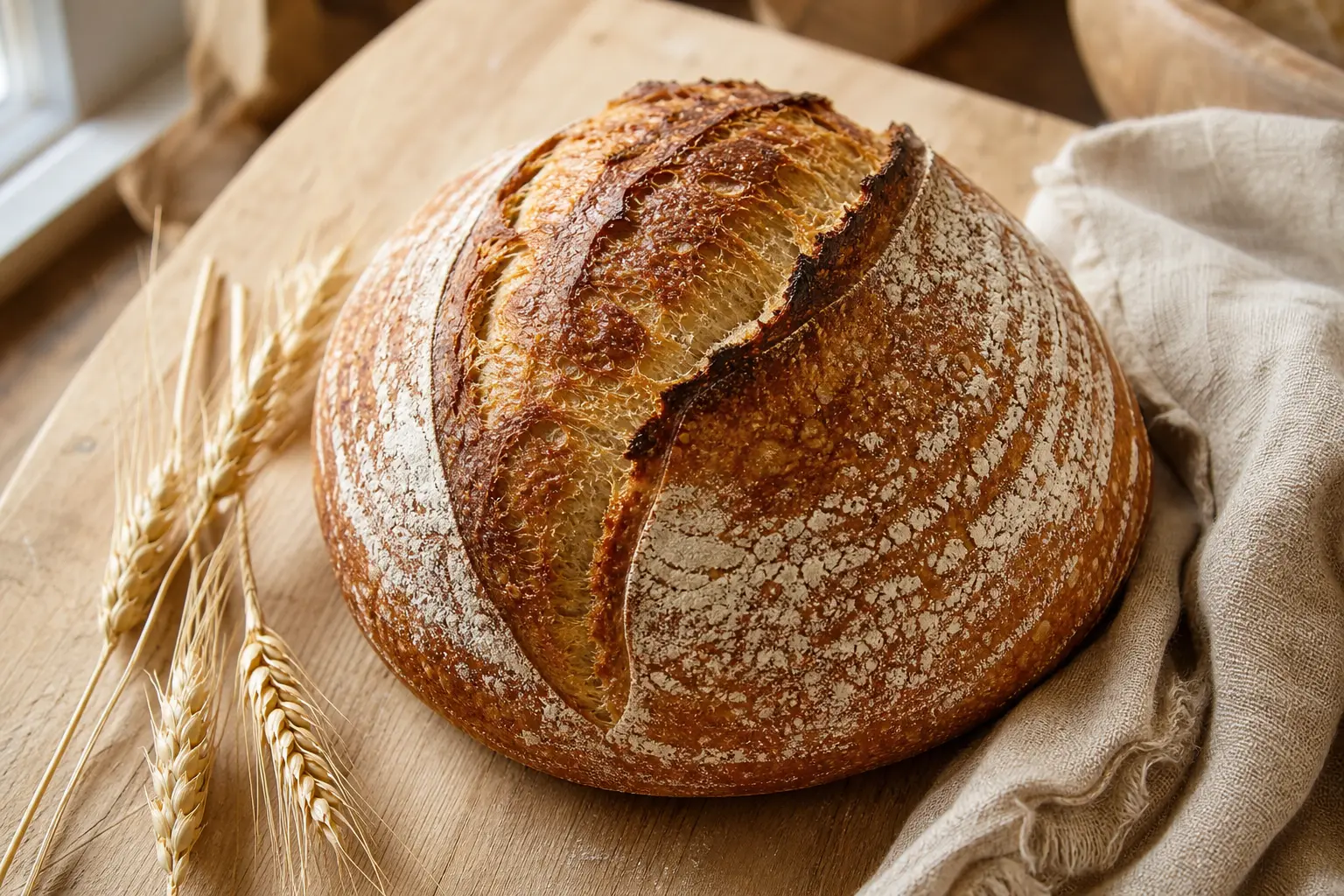 A whole scored sourdough boule with a blistered golden crust on a wooden board