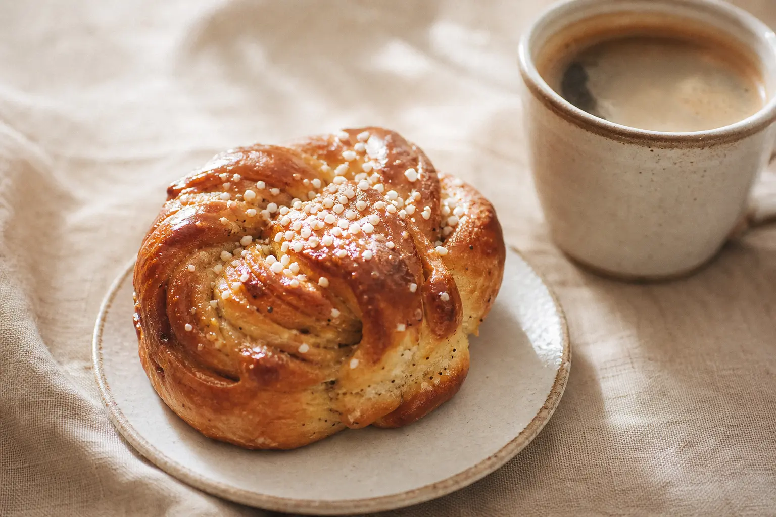 A glossy cardamom morning bun topped with pearl sugar beside a cup of coffee