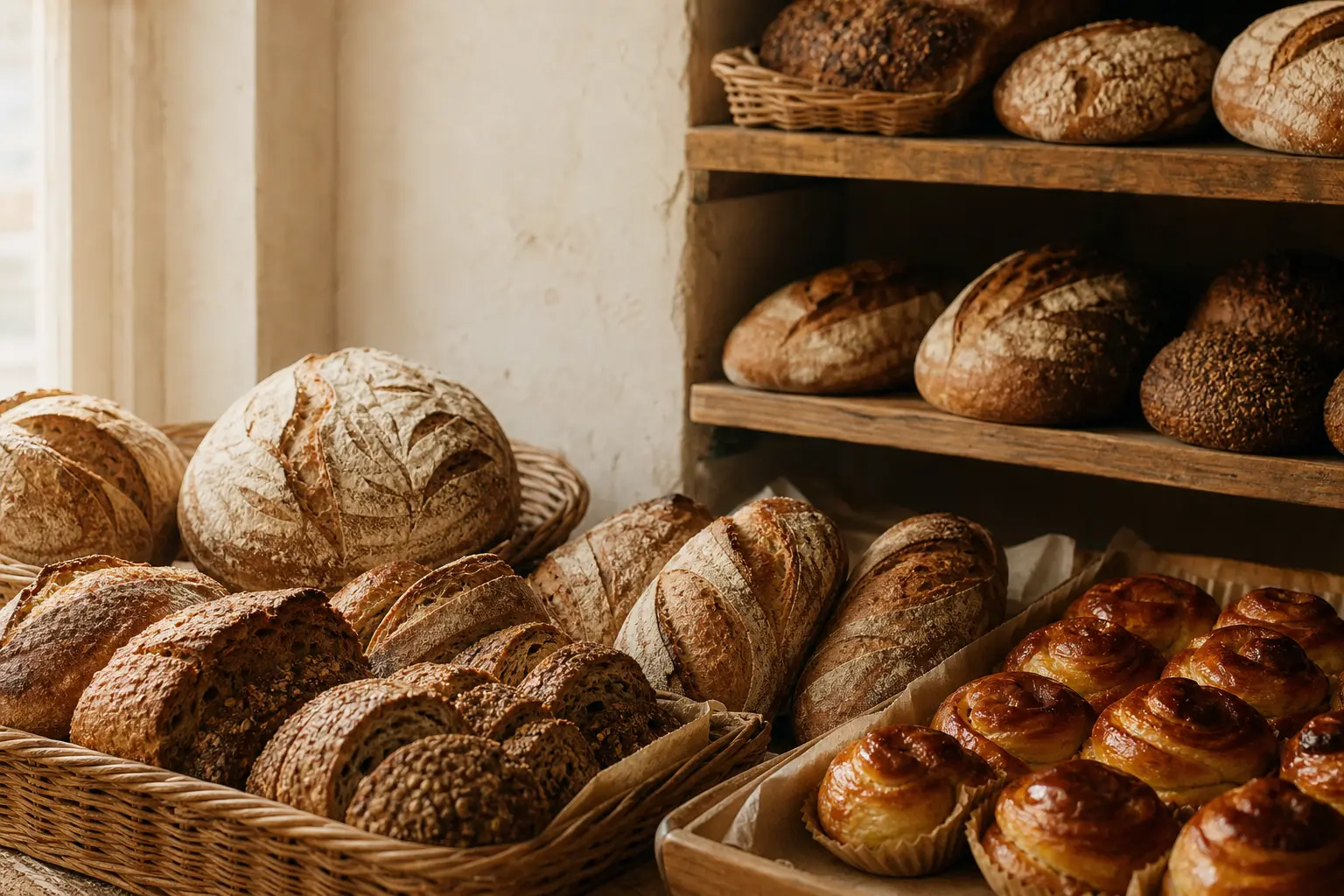 Baskets and wooden shelves of freshly baked loaves and pastries at the Maple and Crumb counter
