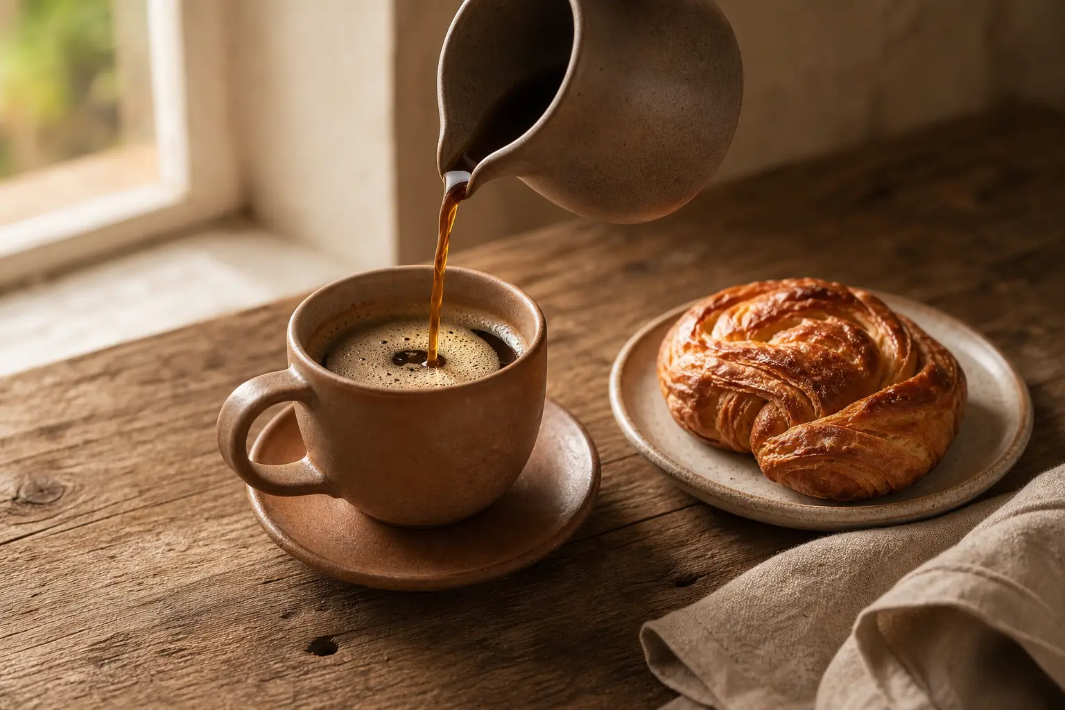 Coffee being poured into a ceramic cup beside a golden flaky morning pastry