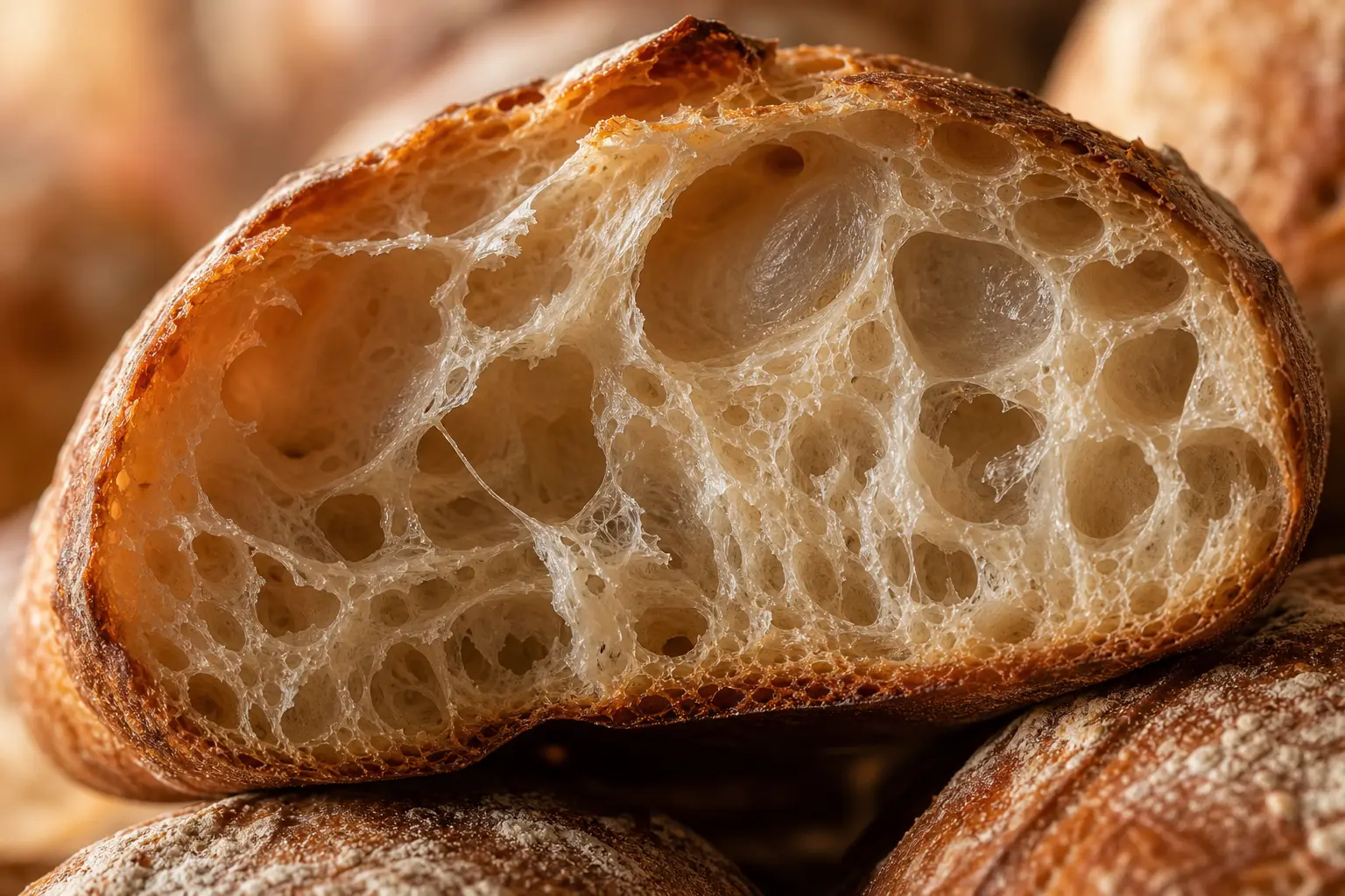 Extreme close-up of an open sourdough crumb with a glossy, airy structure and golden crust