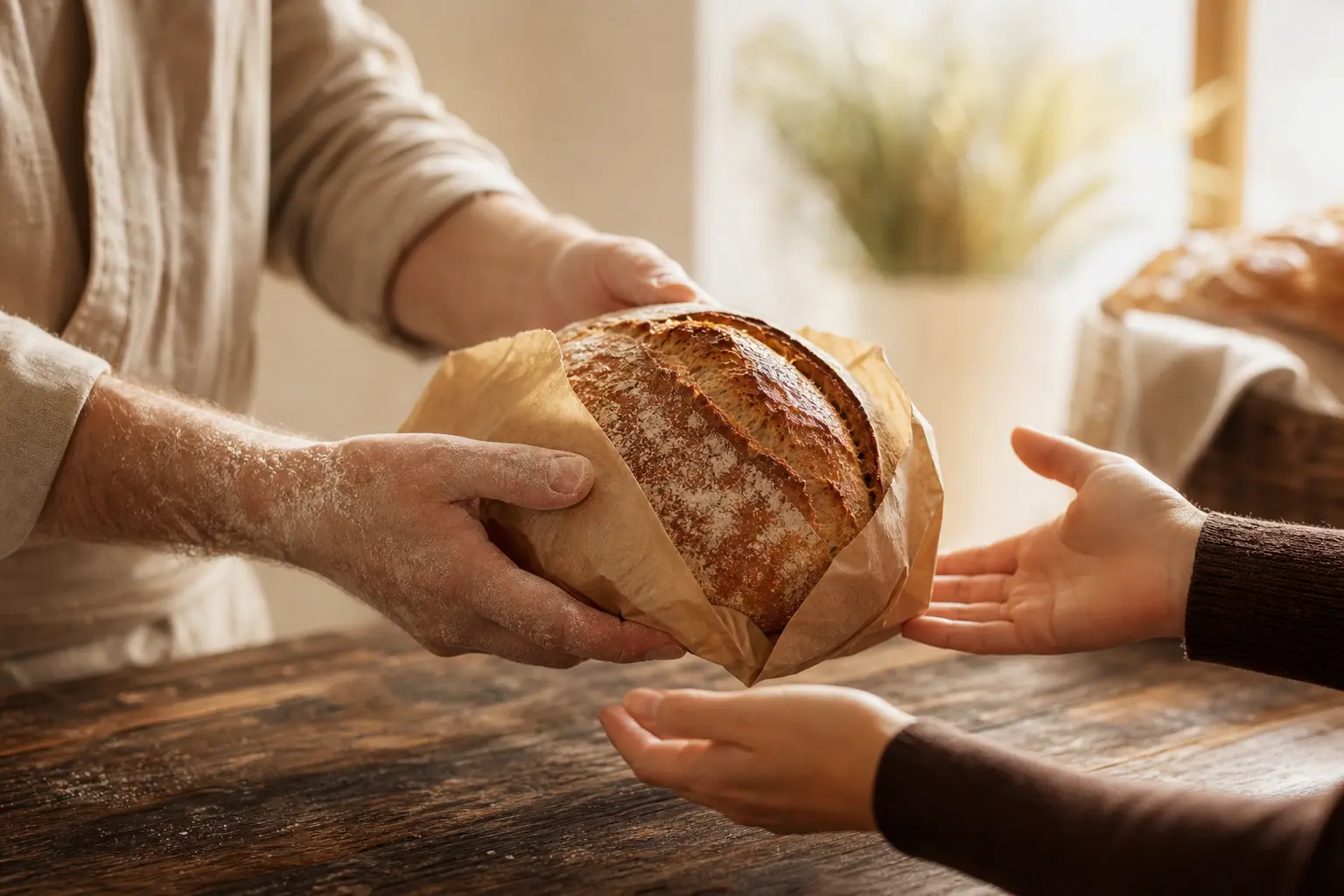 A baker passing a paper-wrapped sourdough loaf across the counter to a customer