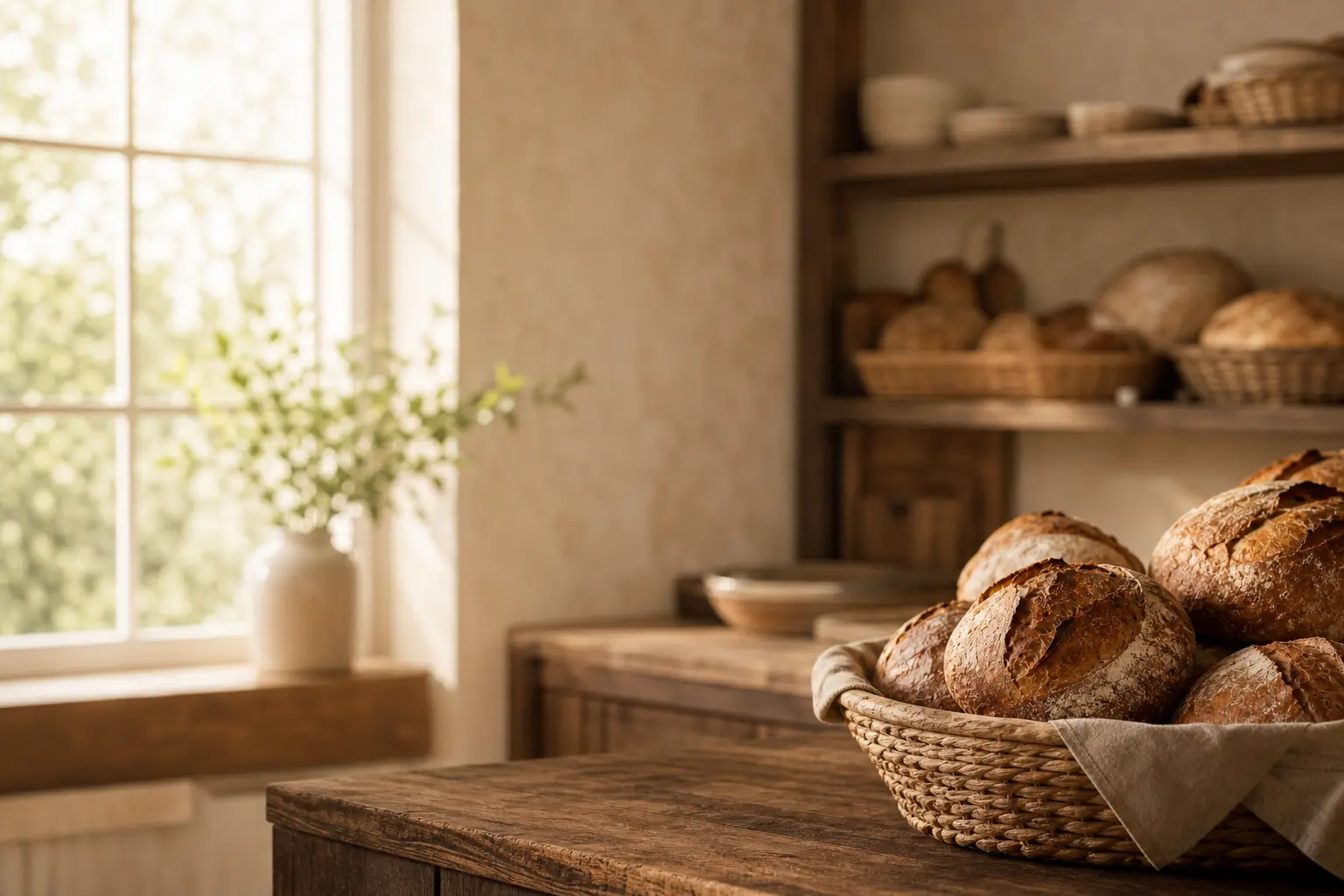 The Maple and Crumb bakery in early morning light, baskets of fresh loaves on a wooden counter