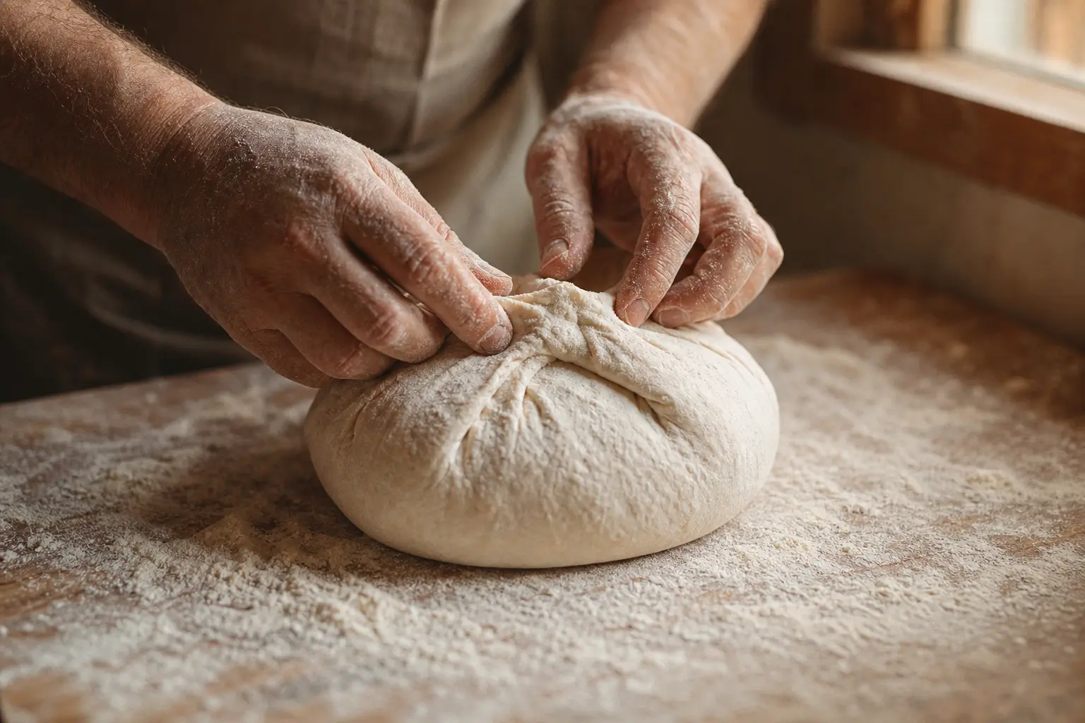 A baker&rsquo;s flour-dusted hands shaping a round sourdough boule on a floured bench
