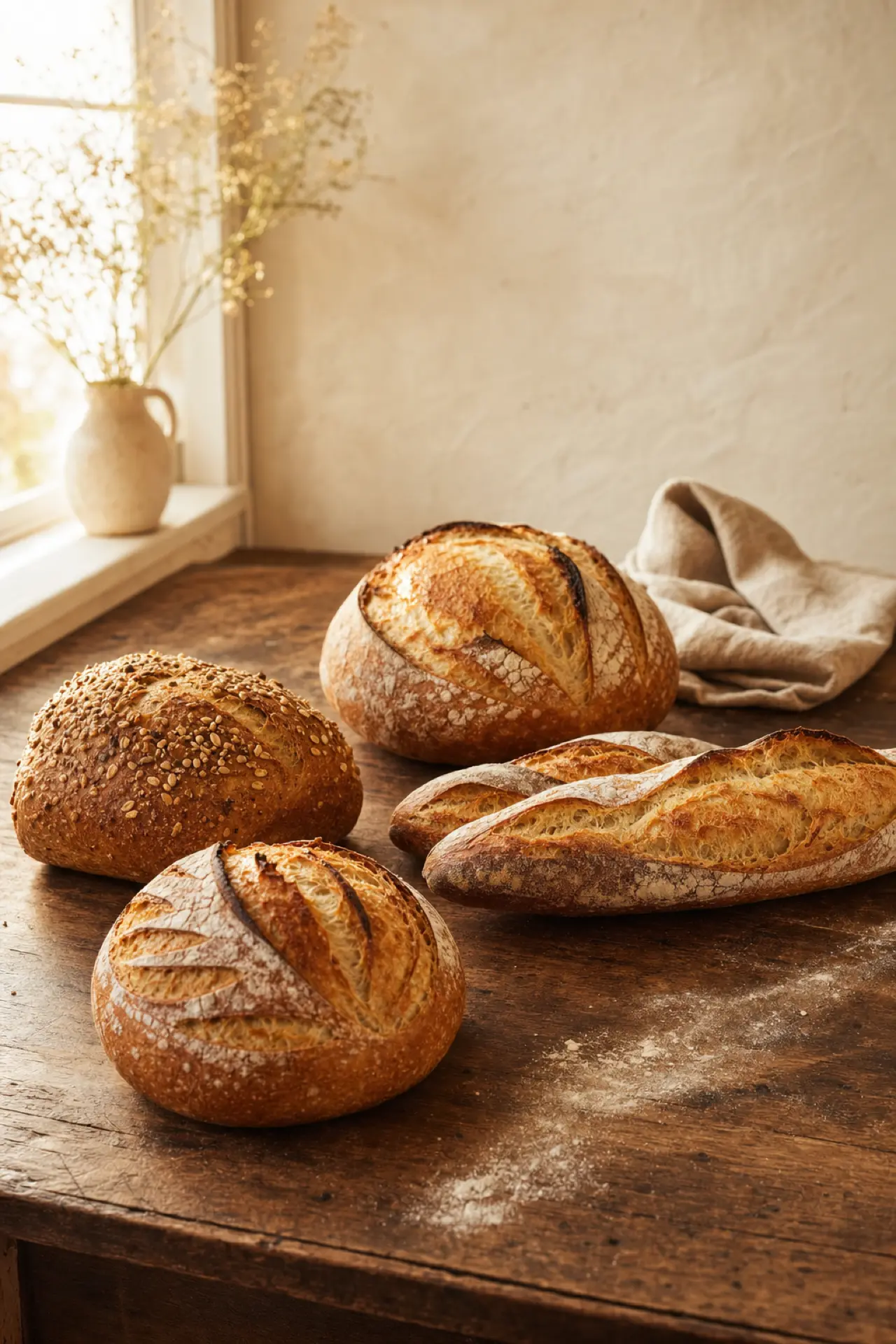 Freshly baked sourdough boules, a seeded loaf and a baguette on a rustic wood counter in warm morning light