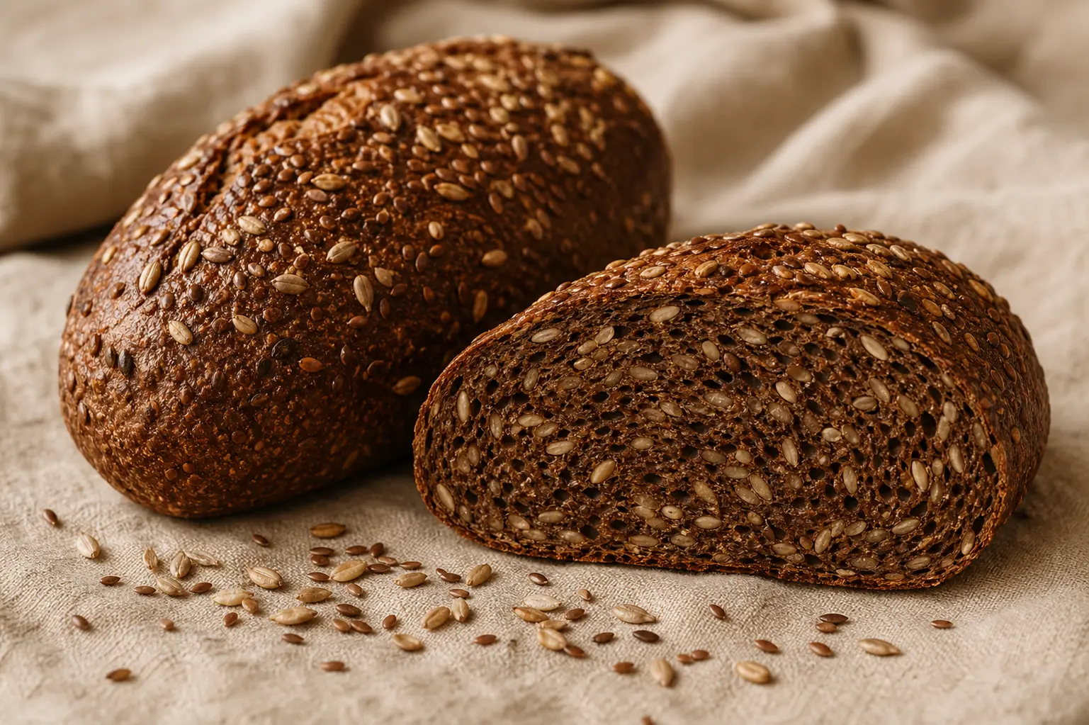 A seeded rye loaf cut open to show a dense crumb studded with sunflower and flax seeds